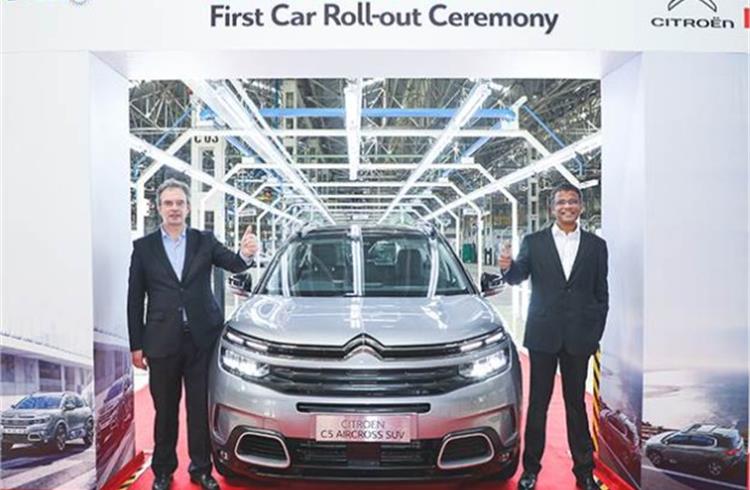 First assembled-in-India C5 Aircross rolled out of Thiruvallur plant on January 28, 2021. L-R: Eric Apode, Senior VP, Stellantis and Raj Kalyanarajan, Senior Director (Manufacturing), PCA Auto India.
