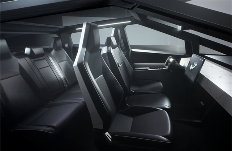 The Cybertruck can seat up to six adults inside. Its minimalist interior features a dashboard dominated by a 17-inch tablet-style touchscreen.