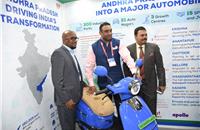 Andhra Pradesh Industries Minister Mekapati Goutham Reddy (centre) at the Auto Expo this year. He is flanked by Subramanyam Javvadi, CEO of the Andhra Pradesh Economic Development Board and Director, Industries & Commerce Department (to his left), and Dr Ramana Ave, founder and CEO of Avera Electric Vehicles.