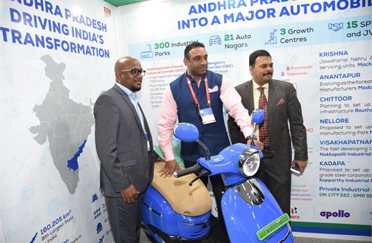 Andhra Pradesh Industries Minister Mekapati Goutham Reddy (centre) at the Auto Expo this year. He is flanked by Subramanyam Javvadi, CEO of the Andhra Pradesh Economic Development Board and Director, Industries & Commerce Department (to his left), and Dr Ramana Ave, founder and CEO of Avera Electric Vehicles.