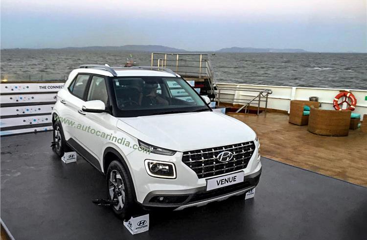 Firmly tethered to the deck of the 'Angriya' cruise ship, the new Hyundai Venue compact SUV gets the 'rolling chassis' treatment on the Arabian Sea