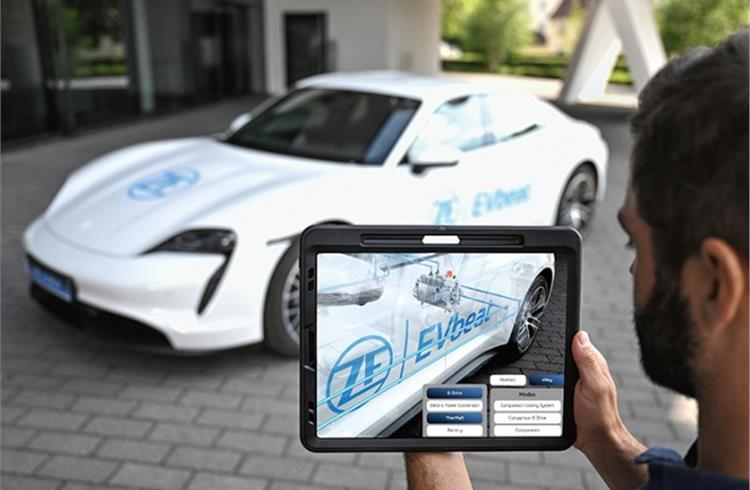 ZF has trimmed its ultra-compact EVSys800 e-drive package with thermal management and software to maximum efficiency in the Porsche Taycan-based EVbeat concept vehicle.