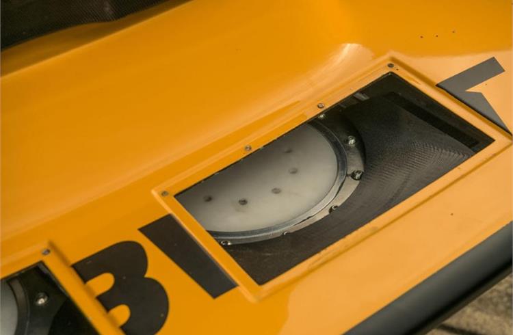 Front bodywork directs air around the front wheels and along the edge of the engine cowling to aid cooling but also houses the cooling tank, into which 25kg of ice is placed before each record run to cool air passing through the intercooler.