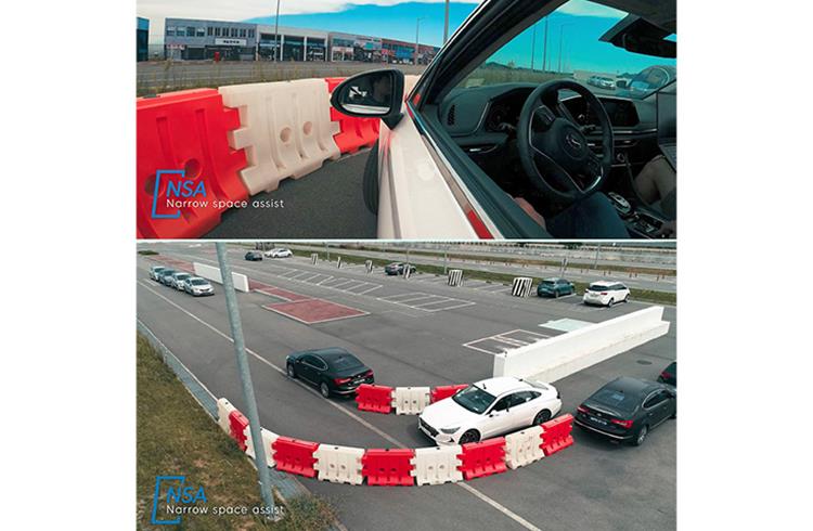 Mobis Parking System enables Narrow Space Assistance (NSA), Reverse Assistance (RA), and Remote Smart Parking Assistance (RSPA). Being tested at Hyundai Mobis Seosan Proving Ground.