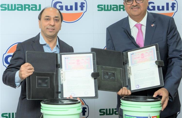 L-R: Hemant Sikka, president and chief purchase officer, Powerol and Spares Business, Mahindra & Mahindra and Ravi Chawla, MD, Gulf Oil Lubricants India, signing the extension of partnership till 2022