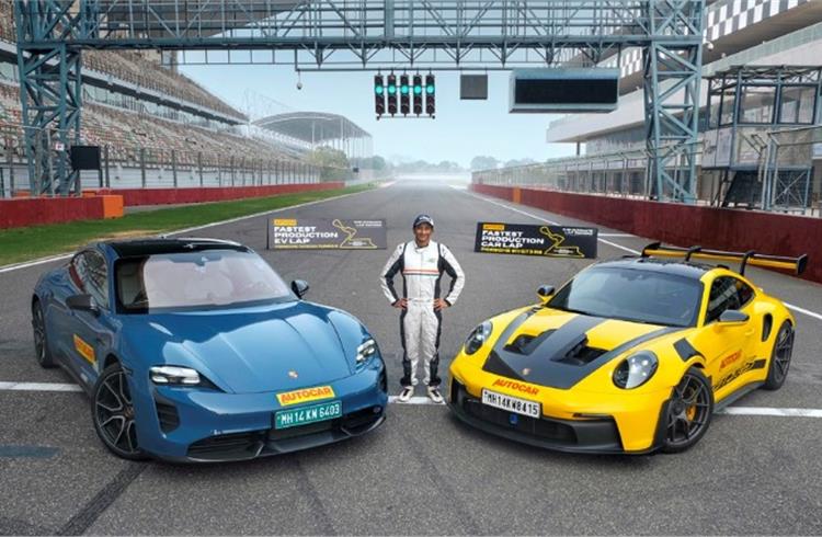 Narain Karhikeyan sets a new lap record with the Taycan Turbo S, 911 GT3 RS at Buddh International Circuit in India