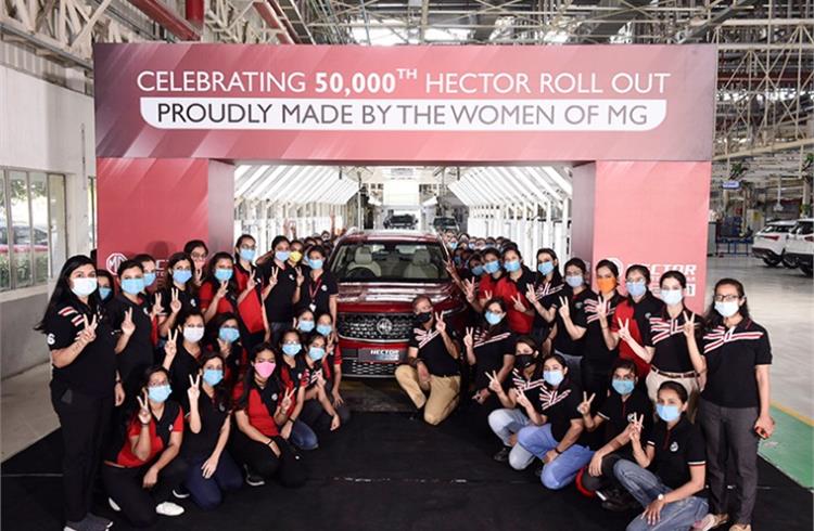 The milestone 50,000th Hector SUV was manufactured with an all-women crew at the Halol plant in Gujarat.