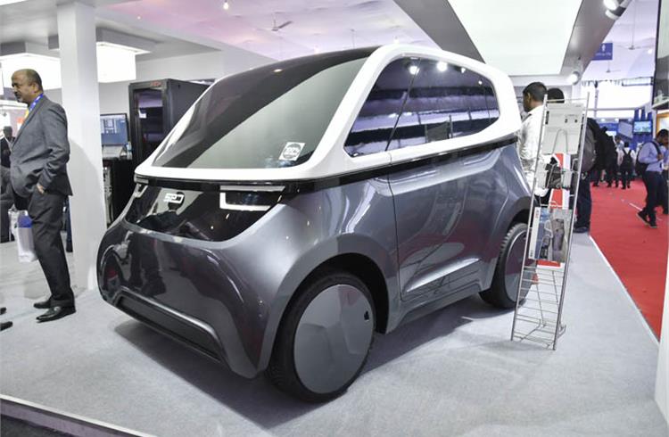 The 2.5m-long, 3-seater, SVEN electric concept seen here at the FEV India stall, will be at the Geneva Show next month. FEV’s India team has been part of the compact EV’s development. 