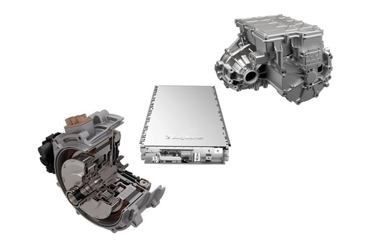 At this year’s IAA, BorgWarner will demonstrate solutions for hybrid and electric vehicles, such as its P2 module (left), compact battery packs (middle) and the eAxle iDM (right). 