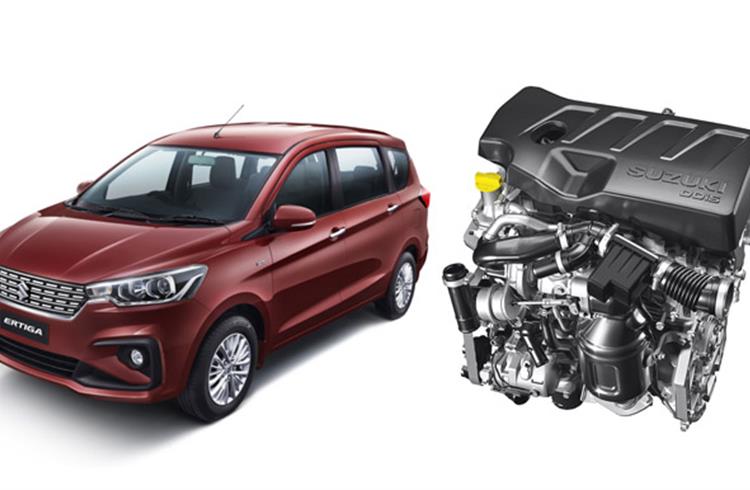 In-house-developed 4cyl diesel engine develops the same 95hp at 4000rpm and 225Nm of torque at 1,500-2,500rpm in the Ertiga as in the Ciaz.