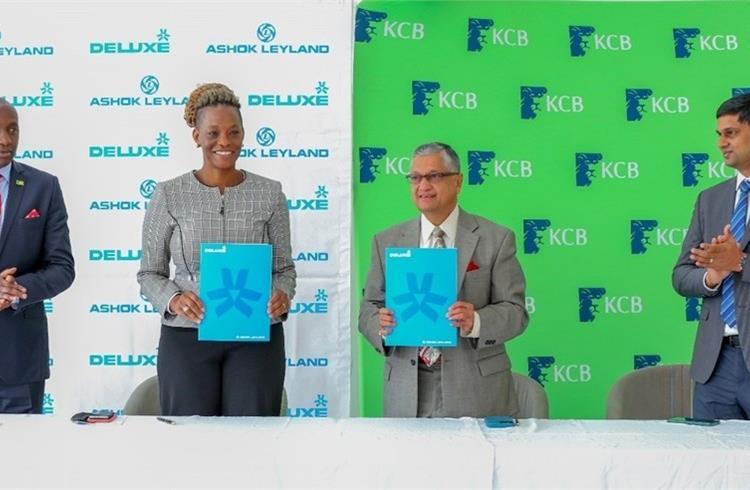Robert Mburu (Head Asset Finance- KCB)  Esther Waititu (Director Corporate Banking- KCB),  Ameet Shroff MD- Deluxe Trucks and Buses), Balachandran R (Regional Head East Africa)
