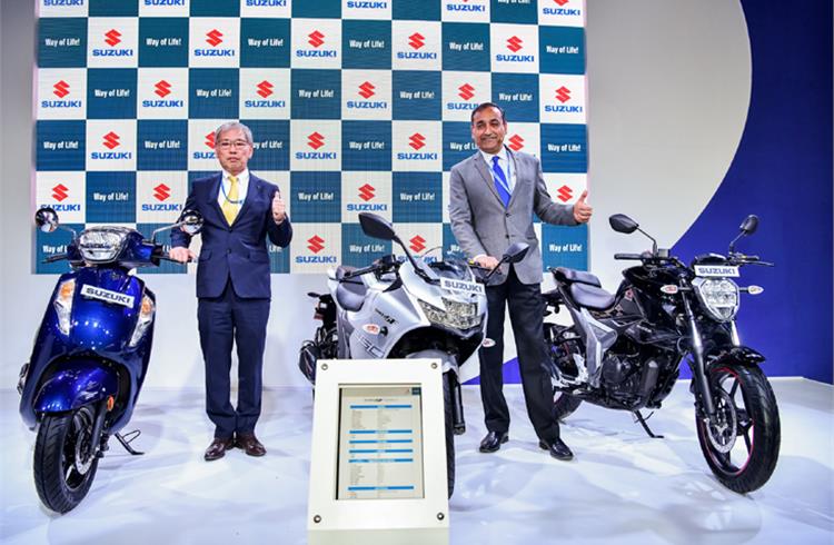 L-R: Koichiro Hirao, MD, Suzuki Motorcycle India, and Devashish Handa, VP, Suzuki Motorcycle India with the BS VI product line-up.