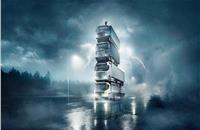 Volvo Trucks' new 4x4 – a daring 15-metre, 58-tonne tower for 4 new trucks – FH, FH16, FM & FMX. 4 trucks stacked on top of one another with an FMX at the base.