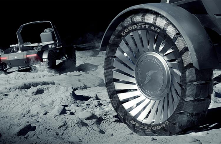 The GM Lockheed Goodyear lunar rover concept. Autonomous, self-driving systems will allow the rovers to prepare for human landings, provide commercial payload services, and enhance the range. 