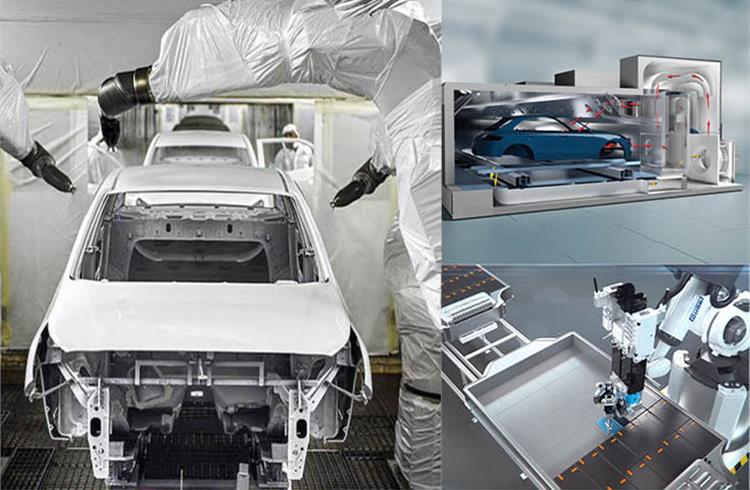Left: Hyundai Motor India: Durr’s first turnkey paintshop in South India which was set up in 1998; Top right: EcoInCure uses a new technology for drying; Bottom Right: Durr has application solutions for bonding battery cells into an EV battery system.