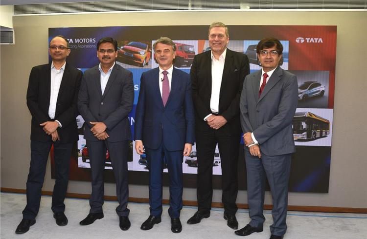 L-R: P B Balaji, CFO; Girish Wagh, president - CVBU; Dr Ralf Speth, CEO, JLR; Guenter Butschek, CEO and MD, Tata Motors and Mayank Pareek, president - PVBU (Tata Motors) 