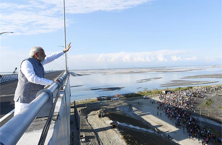 Prime Minister Narendra Modi on the top deck road of Bogibeel bridge