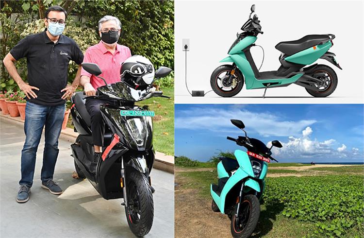 Dr Pawan Munjal astride the 450X, seen with Tarun Mehta, co-founder and CEO of Ather Energy. 