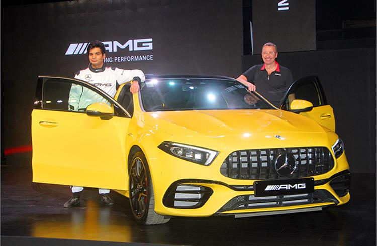 L-R: Arjun Maini, Mercedes AMG Driver in DTM and Martin Schwenk, MD and CEO, Mercedes-Benz India with the Mercedes-AMG A 45 S 4MATIC+.