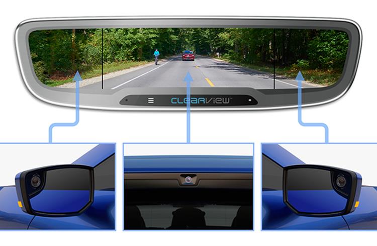 The Clearview interior mirror displays a customisable live video feed from multiple rear-facing cameras mounted on the exterior of the vehicle.