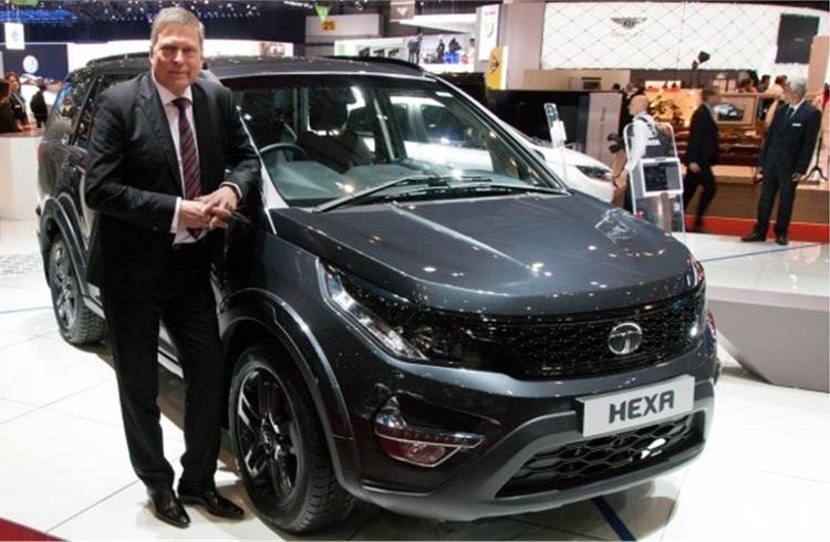 Guenter Butschek with the Hexa Tuff, a more personalised version of the Hexa, at the Geneva Motor Show 2016.