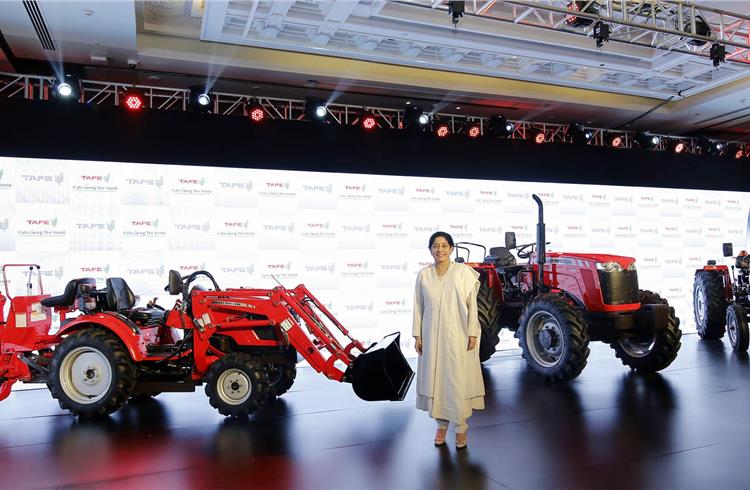 Mallika Srinivasan, chairman and CEO, TAFE, with the two new tractors.