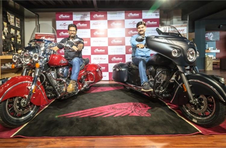 Vikram Shah, managing partner, West India Quads & Bikes with Indian Springfield and Pankaj Dubey, CEO & director -Eicher Polaris & Polaris India with Chieftain Dark Horse at the launch in Ahmedabad.