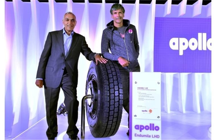 Satish Sharma, president – Asia Pacific, Middle East and Africa, Apollo Tyres at the launch of the new TBR range, with fitness enthusiast Milind Soman.