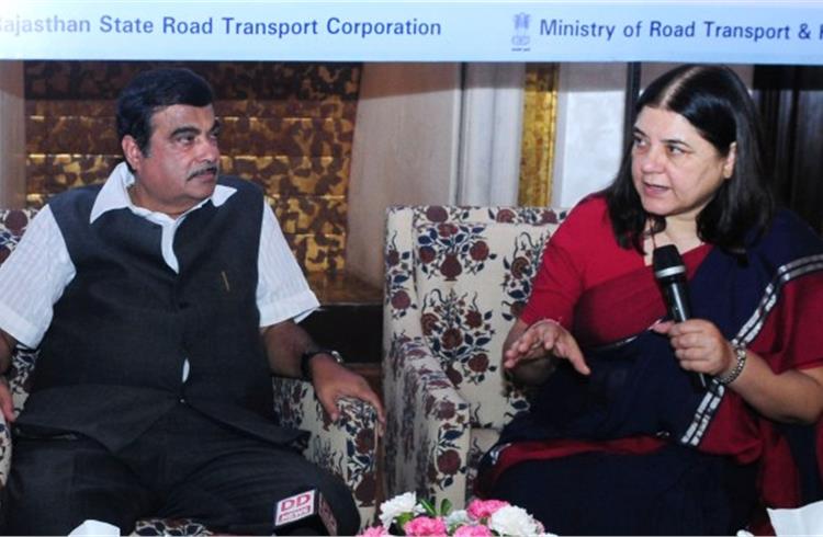 L-R: Nitin Gadkari, union minister for Road Transport & Highways and Shipping and Maneka Sanjay Gandhi, union minister for Women & Child Development at the dedication ceremony of the ‘Nirbhaya’ buses 