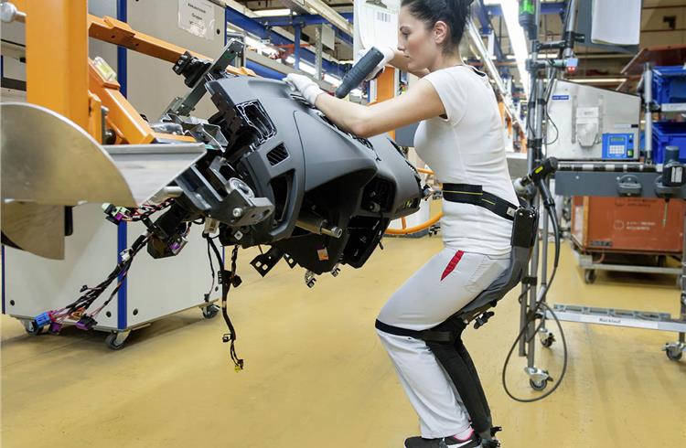 High-tech, carbon-fibre chairless chair eases many assembly activities and allows workers to sit without a chair. It also improves their posture and reduces the strain on their legs.
