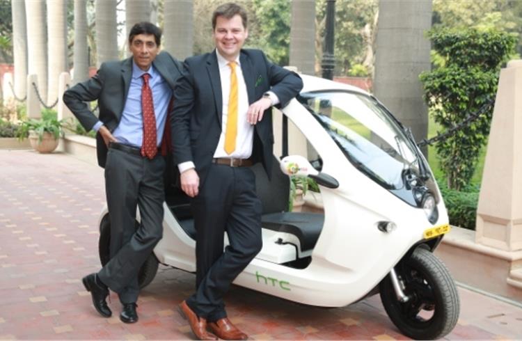 Goran Folkesson, Clean Motion CEO (right) and Anil Arora, country head, Clean Motion India, with the Zbee e-autorickshaw.