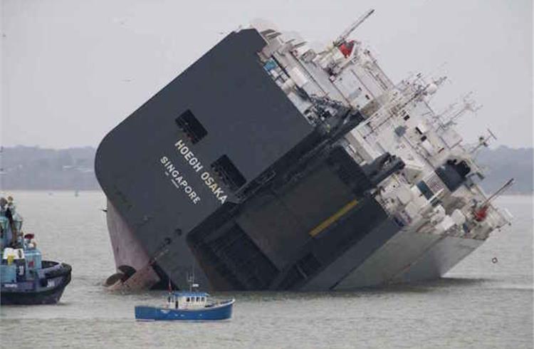The cargo ship Hoegh Osaka lies on its side after being deliberately run aground on the Bramble Bank in the Solent estuary, near Southampton in southern England.
