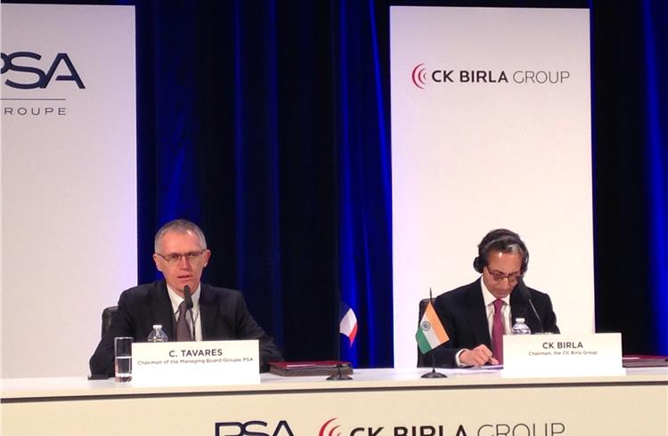 Carlos Tavares, chairman, PSA Group, and CK Birla, chairman, CK Birla Group, announce the JVs.