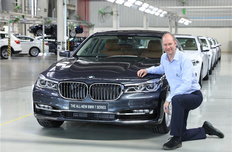 Dr Jochen Stallkamp, managing director, BMW Plant Chennai, with the milestone car - a 7 Series saloon.
