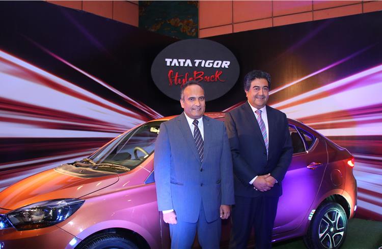 Johnny Oommen, Head – International Business, Passenger Vehicles Business Unit, Tata Motors and Saurya Rana, president, Sipradi Trading at the launch of the Tata Tigor in Nepal.