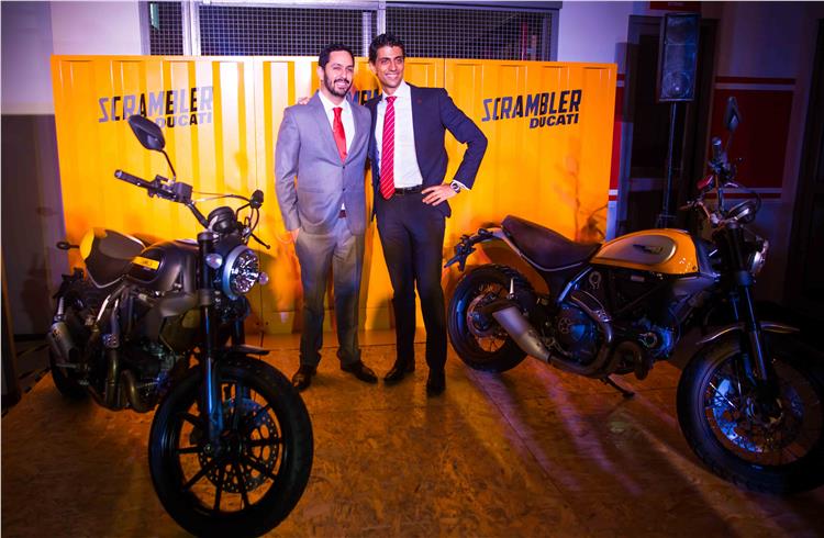 L-R: Ravi Avalur, MD, Ducati India, and Pierfrancesco Scalzo, Ducati Asia general manager unveil two new variants of the Scrambler.