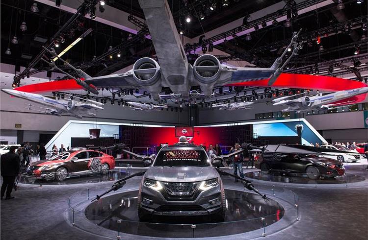 NISSAN STAR WARS CARS: Nissan had a range of Star Wars-themed cars and an X-Wing fighter on its LA show stand