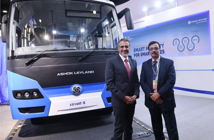 L-R: Chetan Maini, co-founder and vice-chairman, Sun Mobility and Vinod K Dasari, managing director, Ashok Leyland with the Circuit-S electric bus.