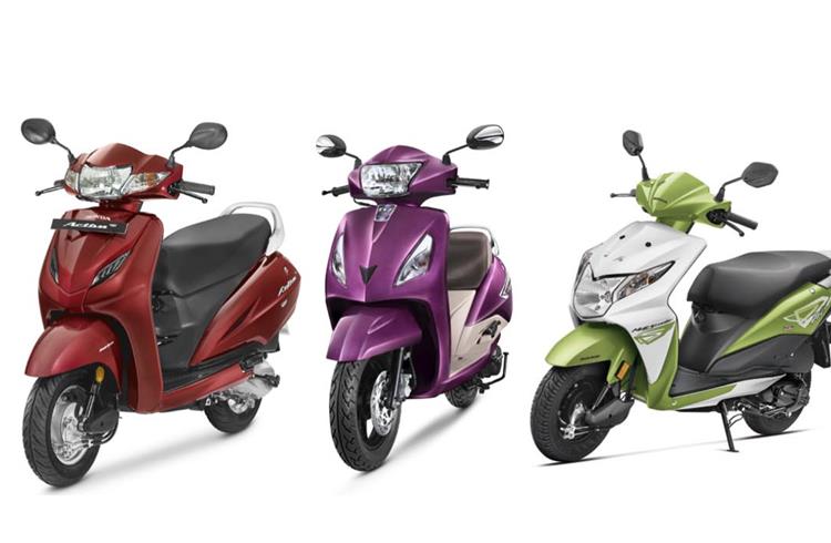 The Activa reigns supreme with 282,478 units, followed by the TVS Jupiter with 57,068 units and the Honda Dio with 41,303 units.