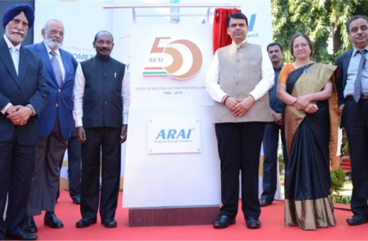Devendra Fadnavis, CM of Maharashtra, seen with Dr K Sivan & R Urdhwareshe at ARAI's golden jubilee celebration