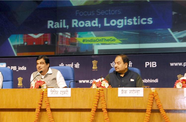 Union Minister for Road Transport & Highways and Shipping,  Nitin Gadkari addressing the curtain raiser event for India Integrated Transport & Logistics Summit. Also seen are the secretary, MoRTH, San