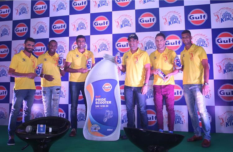 The Chennai Super Kings IPL team at the launch of Gulf Pride Scooter 10W30.