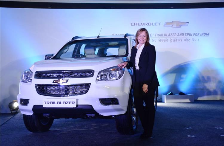 Mary Barra at the unveiling of the Chevrolet Trailblazer SUV on July 30, 2015 in New Delhi.