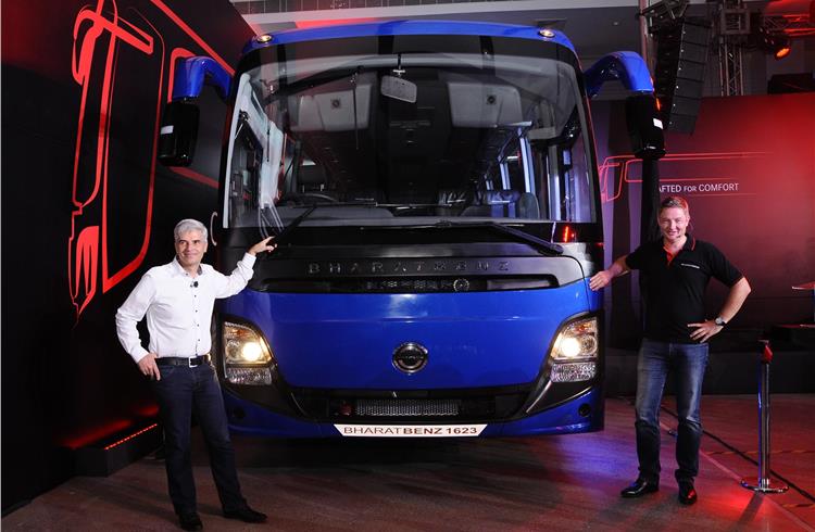 L-R: Erich Nesselhauf , MD and CEO, Daimler India Commercial Vehicles and Markus Villinger, MD, Daimler Buses India at the BharatBenz 16T intercity coach launch at its plant in Chennai.