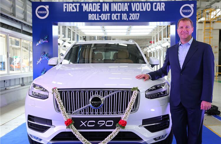 On October 10, 2017, Volvo Cars rolled out its first made-in-India product – an XC90. Charles Frump, MD, Volvo Auto India, seen here with the landmark car. Volvo’s Indian arm too will have clocked rec