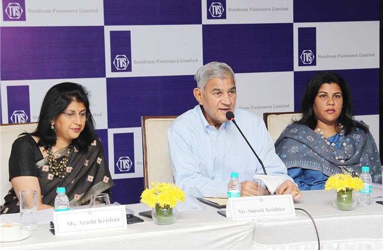 L-R: Arathi Krishna, MD, Sundram Fasteners Ltd; Suresh Krishna, chairman, and Arundathi Krishna, joint MD.