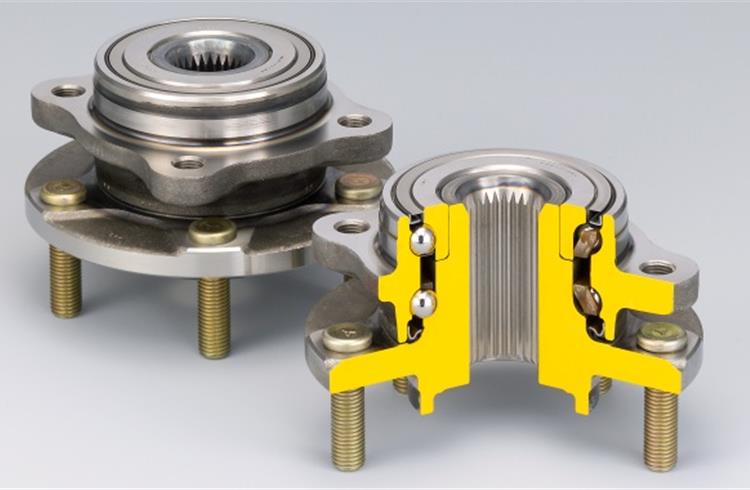 Double-row angular contact ball bearings with inner and outer mounting flange used for drive wheel applications.