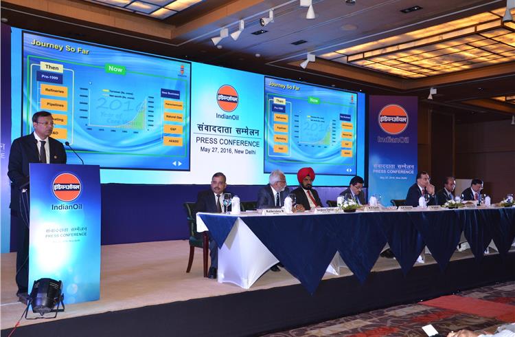 B Ashok, chairman, Indian Oil, announcing the corporation’s financial results for 2015-16 in New Delhi.