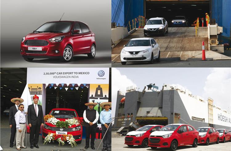 From top left: New Figo, sold as Ka+ in the UK and Europe, seeing handsome demand; Maruti Balenos roll out at Toyohashi Port, Japan; first batch of 1,200 Chevrolet Beat sedans headed for Latin America