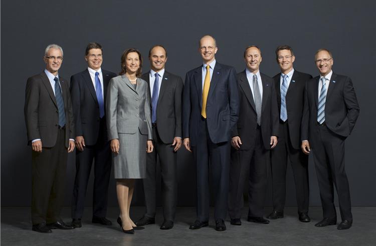 L-R: The Board of Directors of BASF SE – Dr. Harald Schwager, Dr. Hans-Ulrich Engel, Margret Suckale, Dr. Martin Brudermüller, Dr. Kurt Bock, Wayne T. Smith, Michael Heinz, Dr. Andreas Kreimeyer.